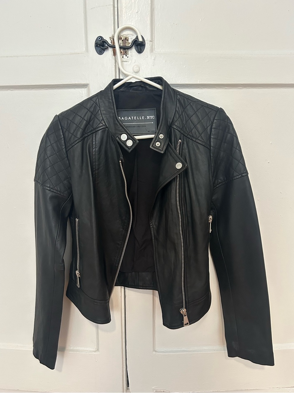 bagatelle Black Quilted Shoulder Leather Moto Jacket